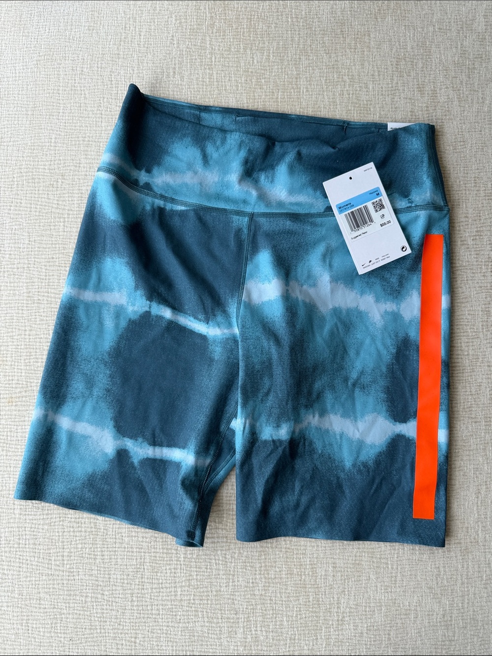Women's Teal Tie-Dye High-Waist Shorts with Orange Stripe
